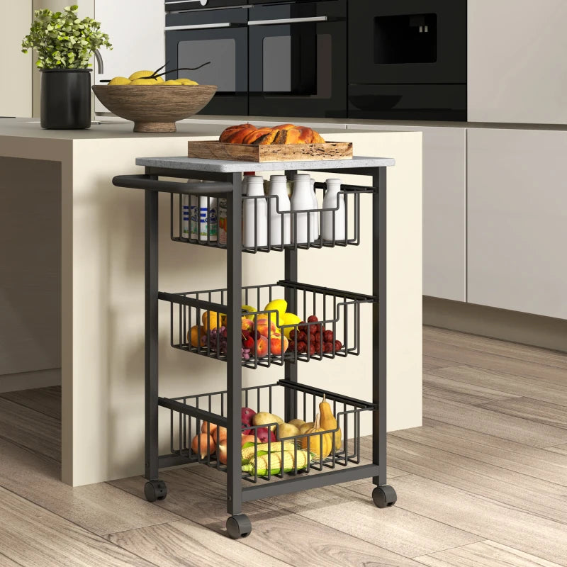 Three Basket Mobile Kitchen Island with Brakes - Stylish Grey/Black Storage Solution for Home Cooking and Dining