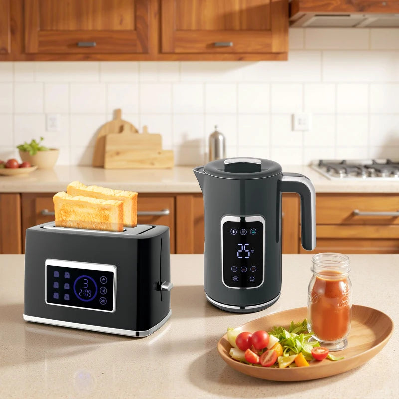 Premium Touch Screen Kettle and Toaster Set - Stylish Grey Kitchen Appliances for Modern Homes