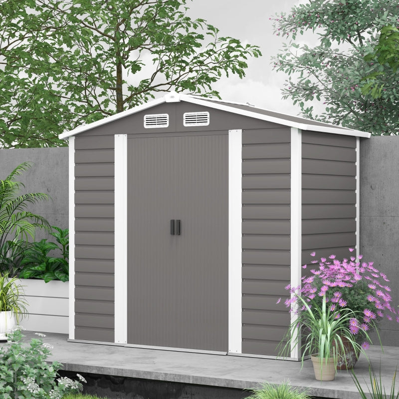 7x4ft Metal Garden Shed - Easy Assembly, Galvanised Steel, Double Doors, Vents, Light Grey