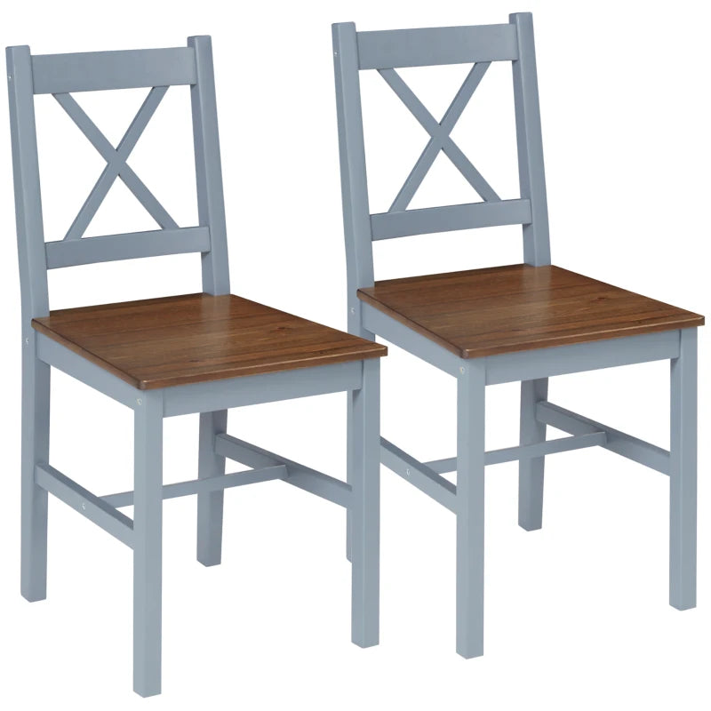 Set of 2 Grey Pine Wood Dining Chairs with Cross Back Design - Solid Kitchen & Living Room Seating