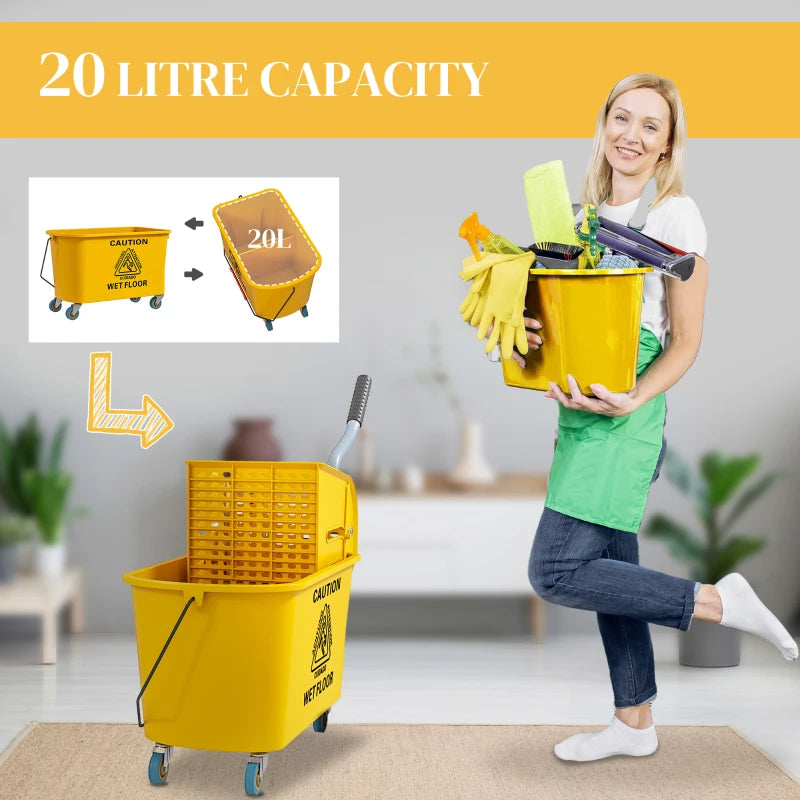 Yellow Mop Bucket with Wringer Set on Wheels - 20L Side Press Mop Bucket with Handle for Efficient Floor Cleaning