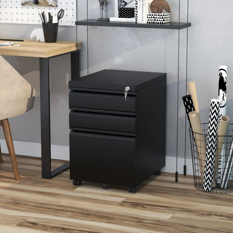 Vinsetto Mobile 3 Drawer Metal Filing Cabinet - Anti-Tilt Design for Letter, A4, Legal Size - Black Office Storage