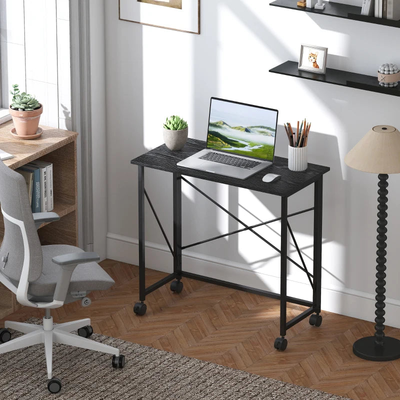 Compact 80 cm Folding Desk on Wheels - Versatile Black Mobile Workstation for Home Office, Study, and Small Spaces