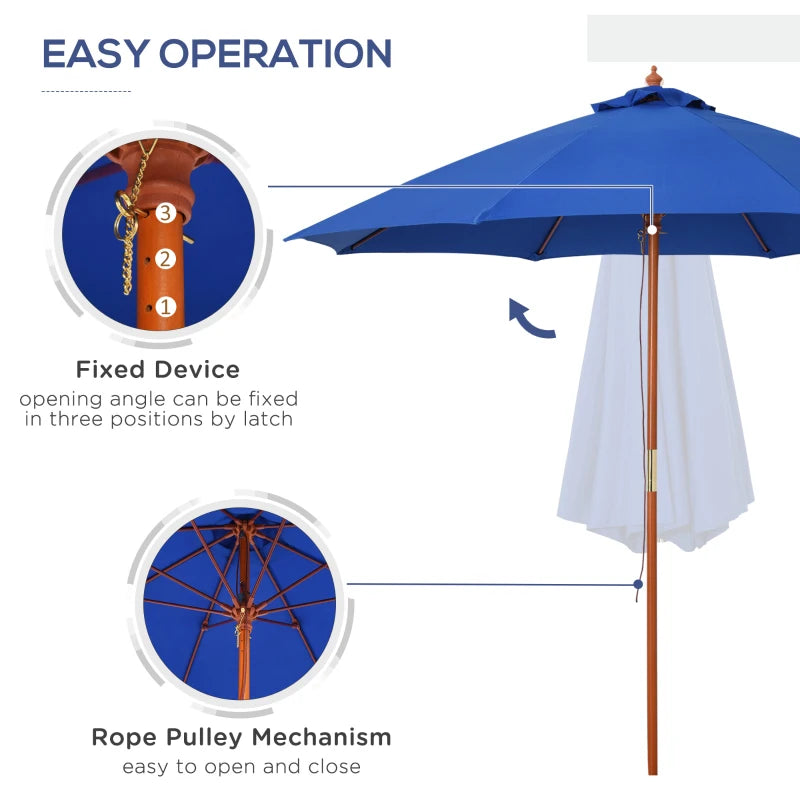 Blue 2.5m Round Garden Parasol Umbrella with Wooden Pole