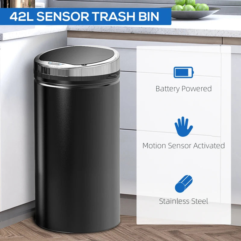 42L Stainless Steel Sensor Bin - Automatic Touch Trash Can with Soft Close & Inner Bucket - Black Kitchen Dustbin