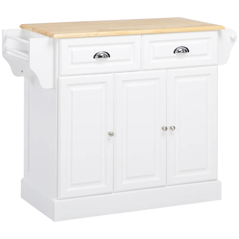 Rolling Kitchen Island Cart with Storage - Rubber Wood Top, Towel Rack & Drawer - White Serving Cart for Home