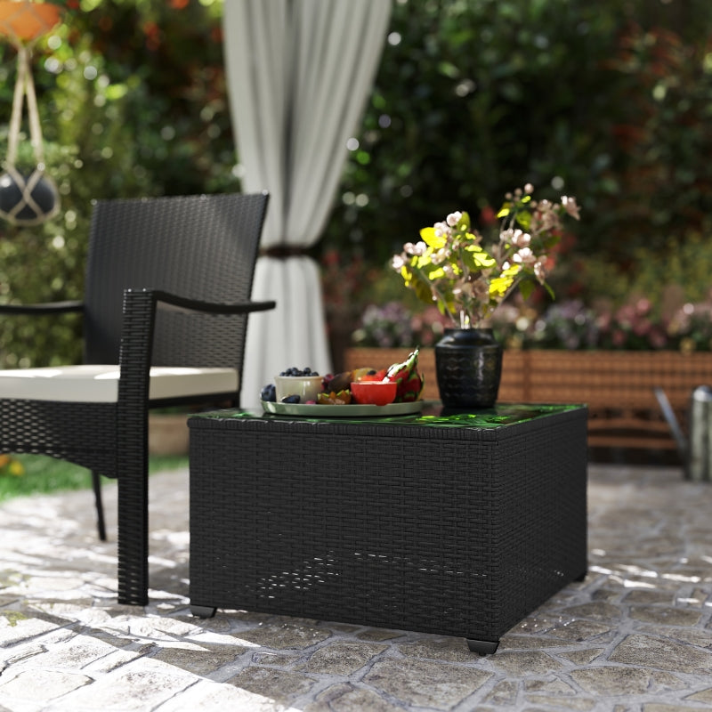 62 x 62cm Black Glass-Top Rattan Side Table