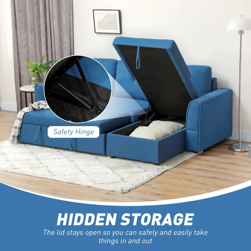 L-Shaped 3-Seater Sofa Bed with Storage – Convertible Click Clack Futon for Living Room, Dark Blue