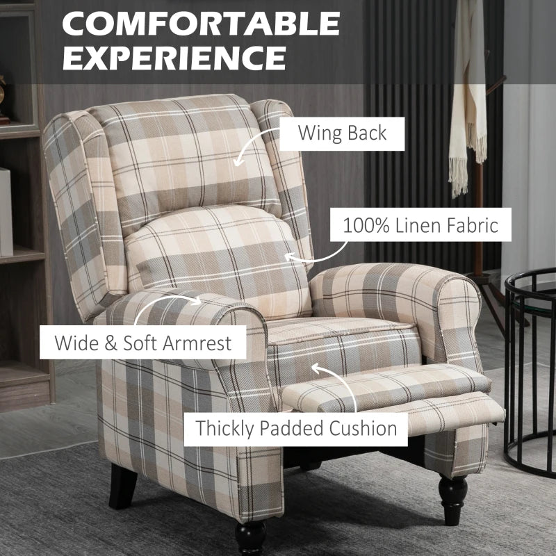 Khaki Wingback Recliner Armchair for Living Room with Pushback Mechanism, Round Armrests, Footrest and Rubber Wood Legs