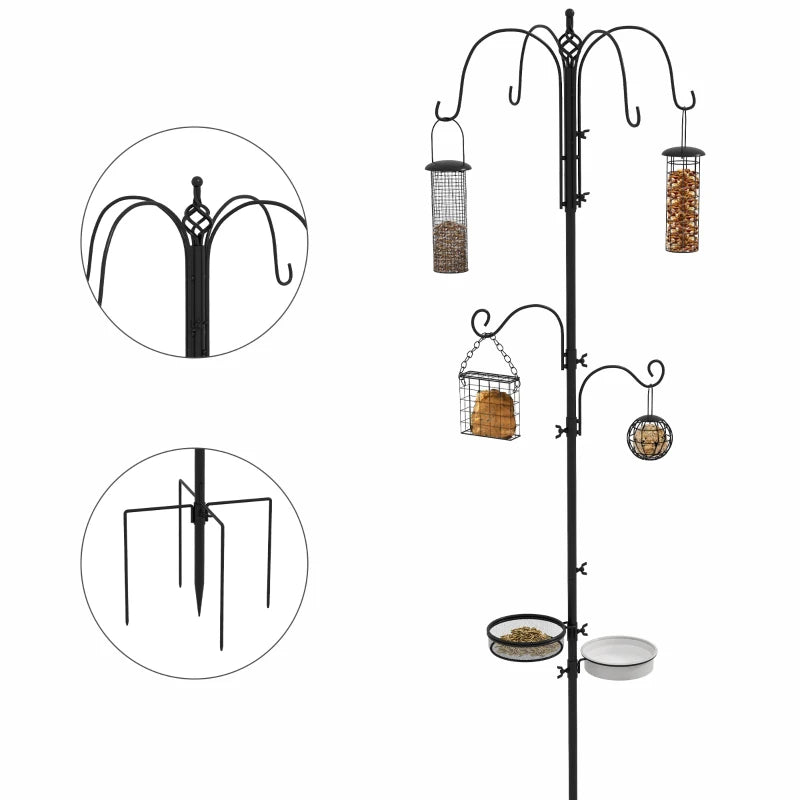 Premium Bird Feeding Station Kit - 6 Hook Wild Bird Feeder Pole with 4 Hanging Feeders for Garden & Outdoor Use - Black