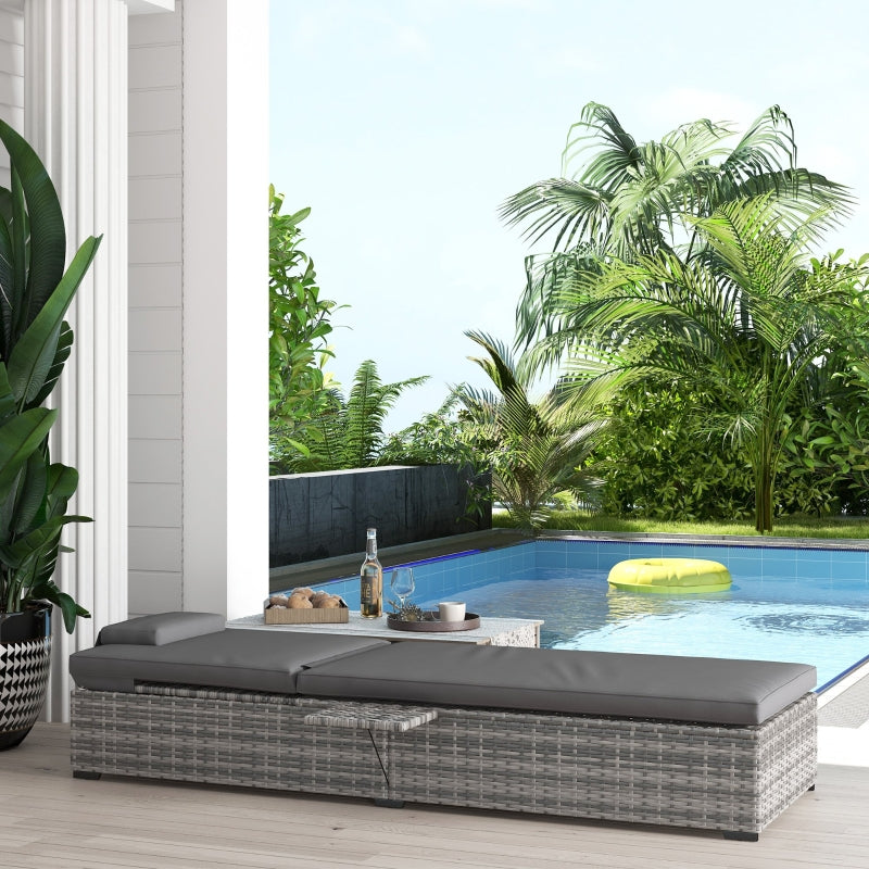 Grey Rattan Sun Lounger with Cushion & Tea Tray - 5-Level Reclining Outdoor Patio Furniture