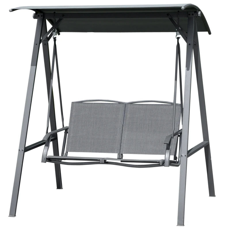 2 Seater Dark Grey Garden Swing Bench - Outdoor Canopy Swing Bench with Adjustable Shade, Metal Frame and Texteline Seat