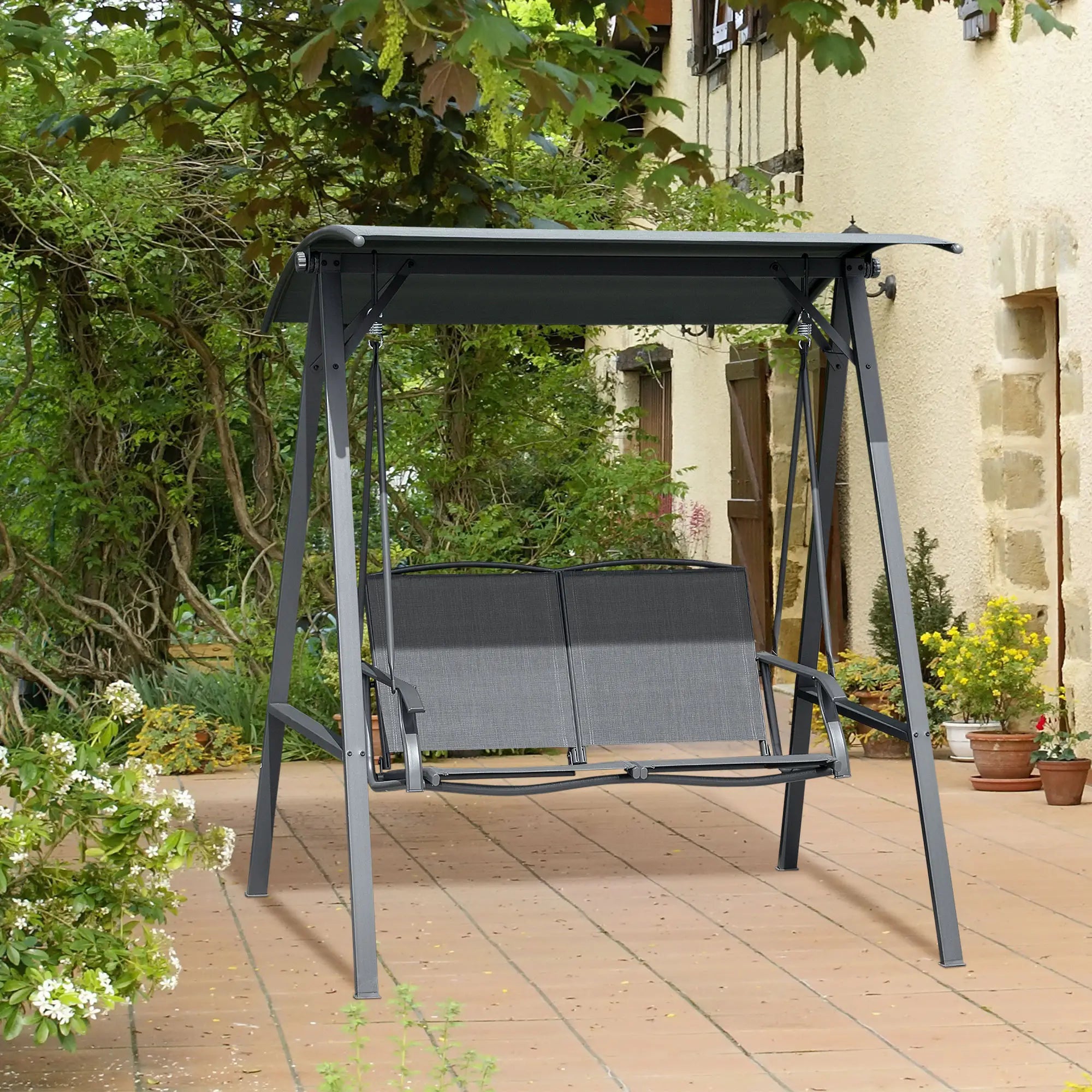 2 Seater Dark Grey Garden Swing Bench - Outdoor Canopy Swing Bench with Adjustable Shade, Metal Frame and Texteline Seat