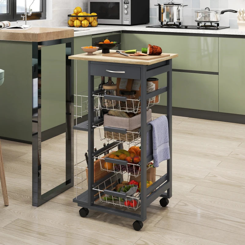Rolling Kitchen Cart with 4 Basket Drawers & Side Racks - Utility Storage on Wheels for Dining Room - Grey