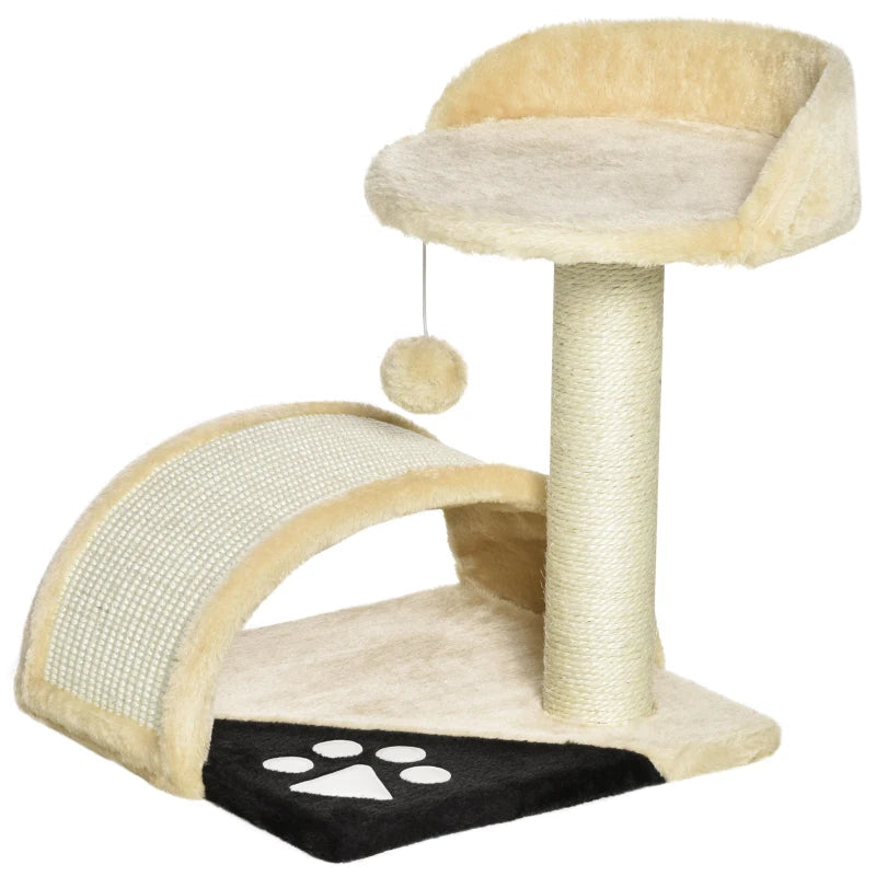 Beige Cat Tree Scratching Post - Kitten Activity Centre with Climber & Hanging Ball - Durable Cat Furniture