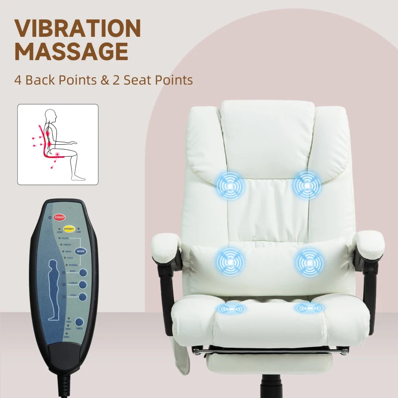 Vinsetto 6-Point Massage Office Chair - Adjustable PU Leather Desk Chair with Footrest for Home Office - White