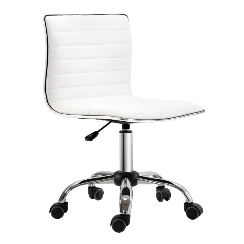 Adjustable Swivel Office Chair - Armless Mid-Back Design in White PU Leather with Chrome Base for Modern Workspaces