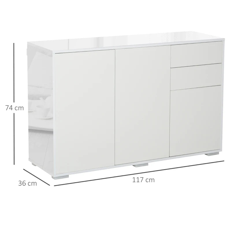 High Gloss White Side Cabinet with Push-Open Design, 2 Drawers & 2 Cabinets, 74H x 117W x 36Dcm for Living Room