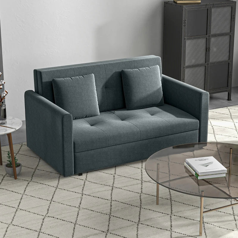 Modern 2 Seater Sofa Bed with Hidden Storage, Cotton Loveseat Couch and Cushions for Living Room, Dark Grey