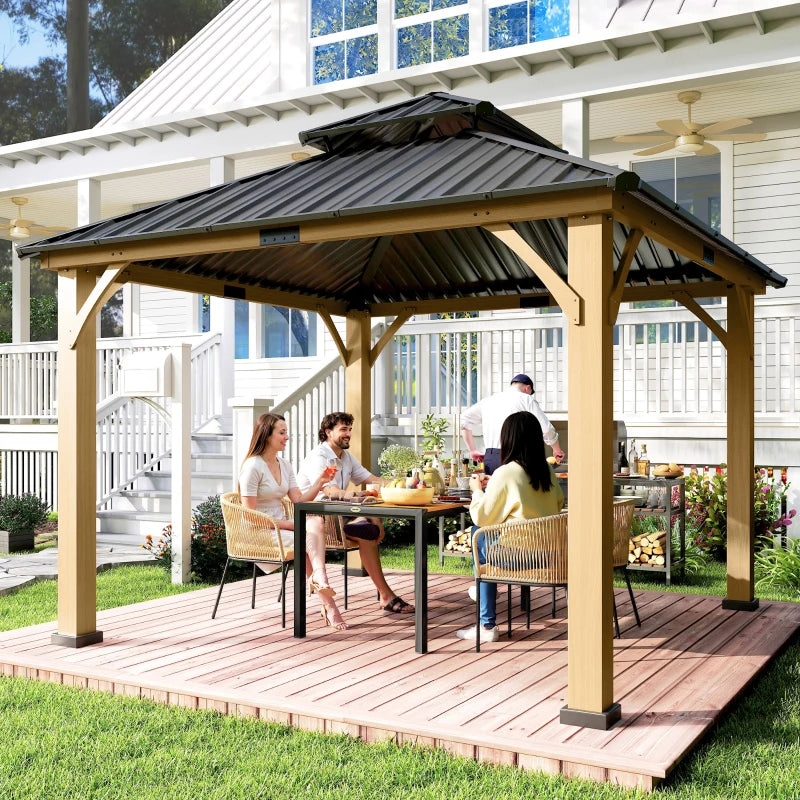 Fir Wood 3.5 x 3.5m Grey Patio Shelter: Two-tier Metal Roof Hardtop Gazebo Canopy