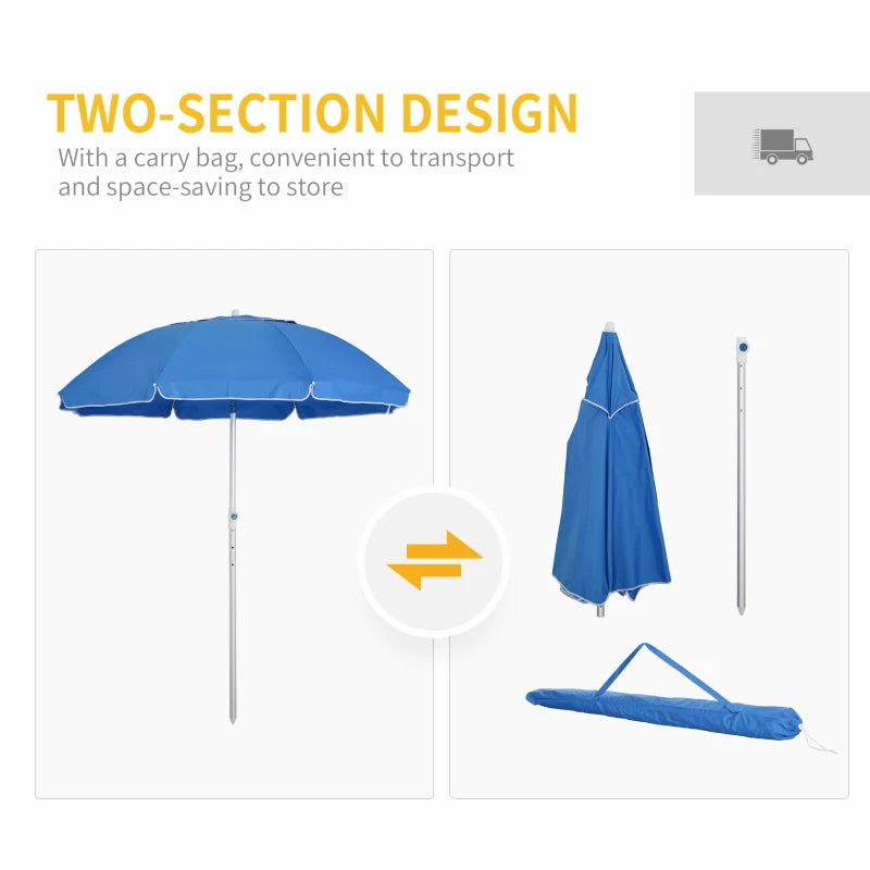 Blue Portable Beach Umbrella with Tilt and Adjustable Height