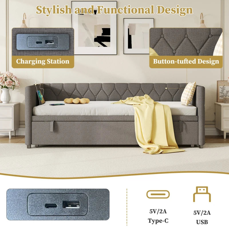 Upholstered Daybed with USB & Type-C Ports, Button-Tufted Trundle Bed for Bedroom & Study, Grey, 206L x 193W x 71H cm