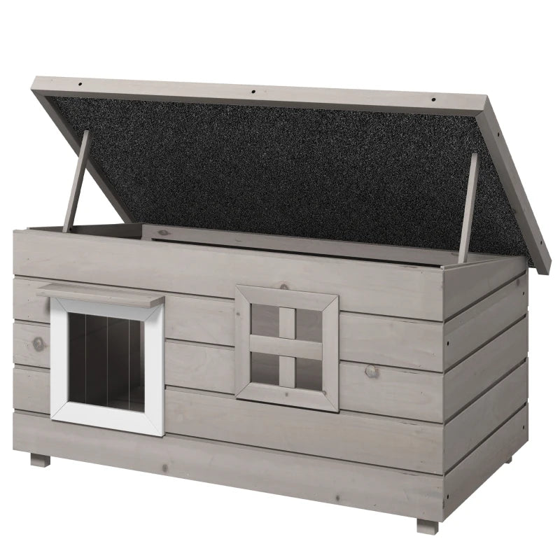 Wooden Elevated Outdoor Cat House with Openable Top Asphalt Roof and Window Grey