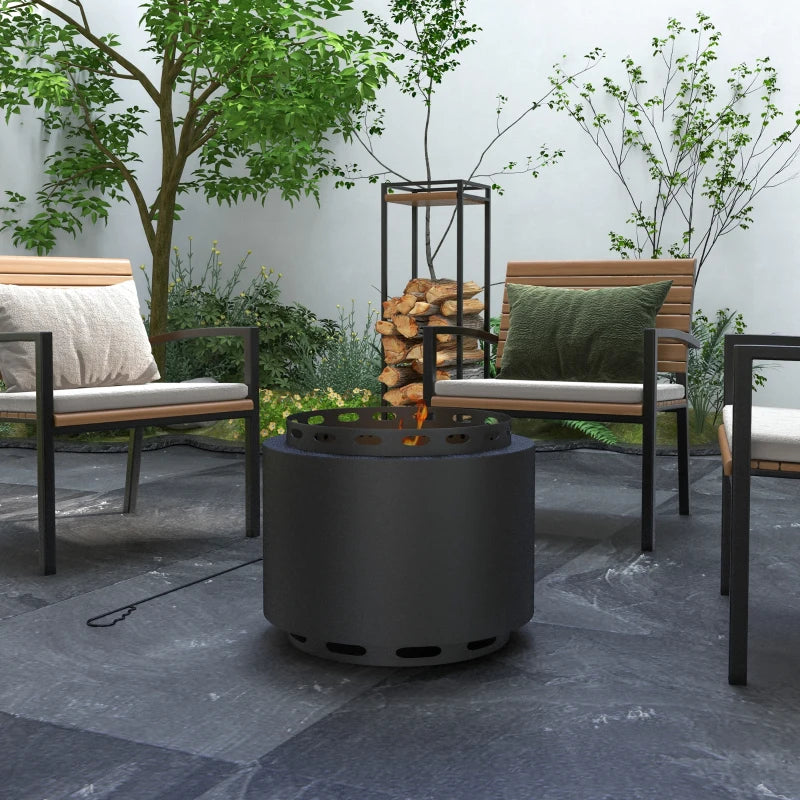 Portable Smokeless Fire Pit 48.5cm - Black Metal Wood Burning Firepit with Poker for Garden, Camping & Bonfire Parties