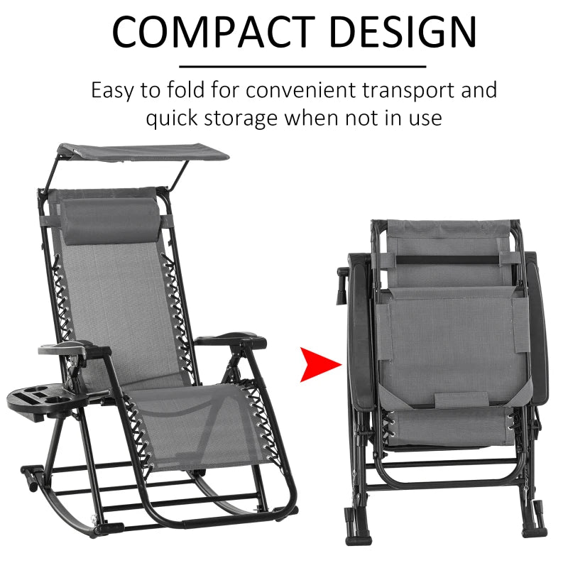 Grey Folding Rocking Sun Lounger Chair with Headrest and Side Holder