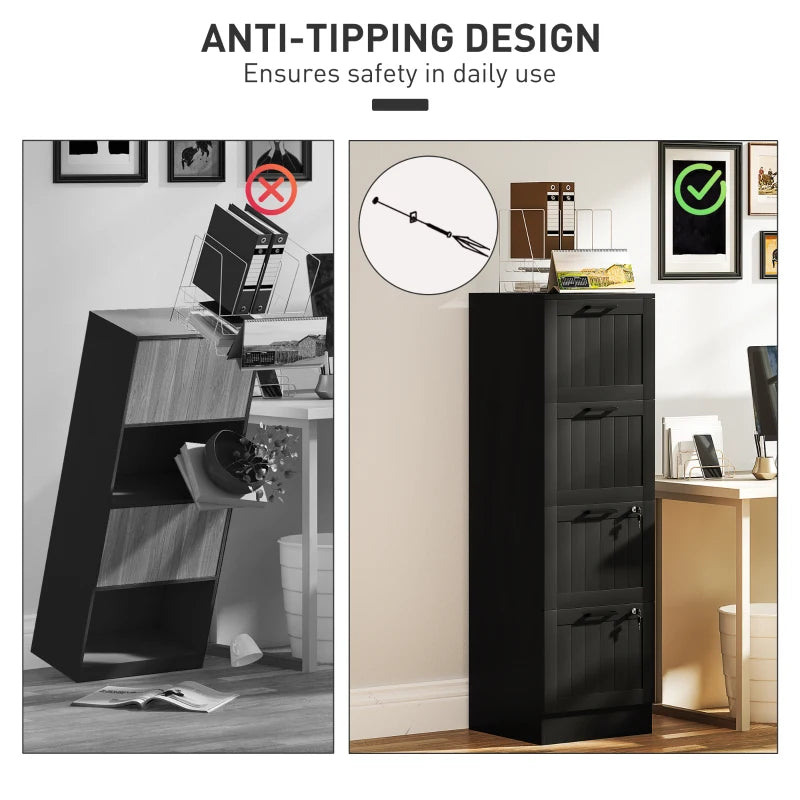 Secure 4 Drawer Filing Cabinet with Lock - Adjustable Hanging Bars for A4 Files - Stylish Black Office Storage Solution