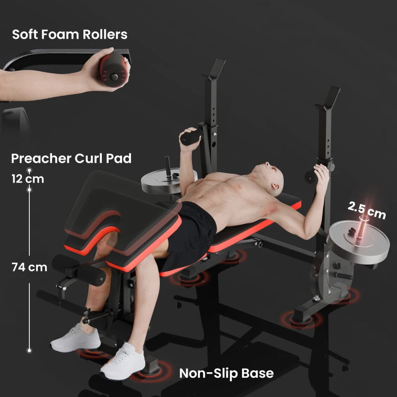 Adjustable Multi-Function Weight Bench with Leg Extension and Barbell Rack for Home Gym Strength Training Red