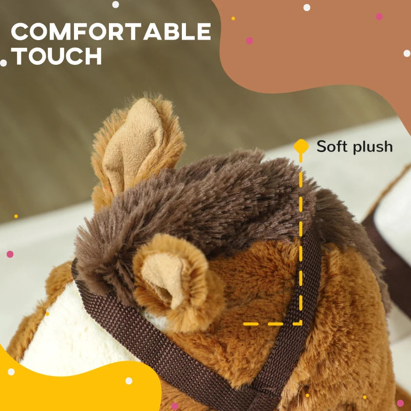 Plush Rocking Horse for Kids with Sound Wooden Base Ride On Toy for Ages 18 to 36 Months Brown