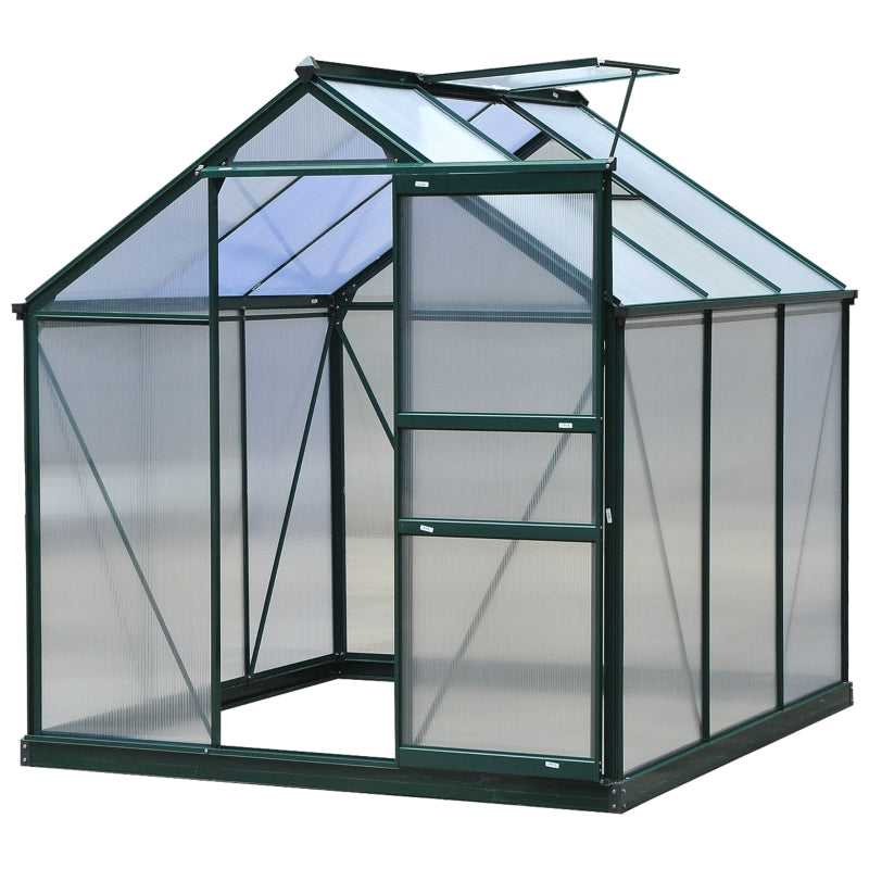 Green 6ft x 6ft Walk-In Polycarbonate Greenhouse with Aluminium Frame, Sliding Door & Roof Vent Window – Outdoor Garden Grow House for Plants, Vegetables & Flowers – Green