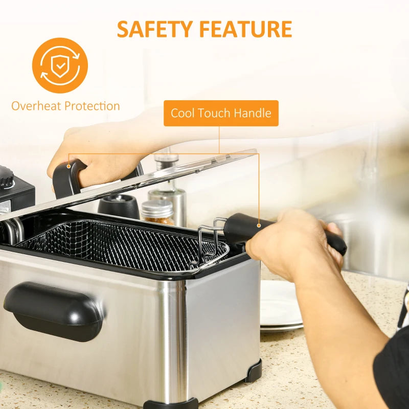 3L Stainless Steel Deep Fat Fryer - 2000W, Adjustable Temperature, 60min Timer, Viewing Window & Safety Cut Out