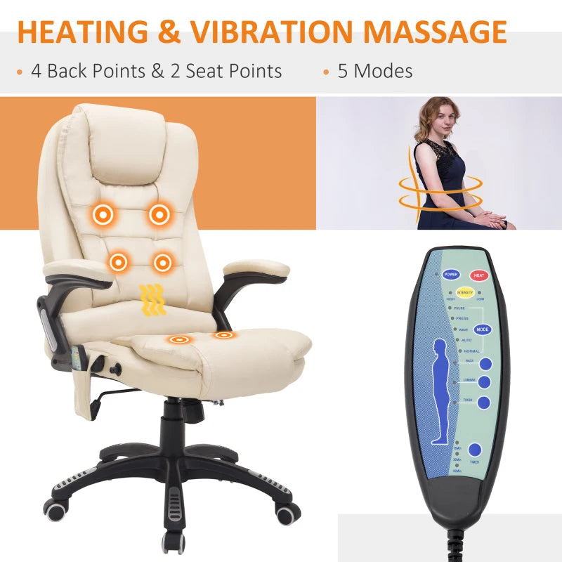 Beige 6-Point Massage Office Chair with Heated Seat - PU Leather High Back Executive Desk Chair, Adjustable Height & 360° Swivel