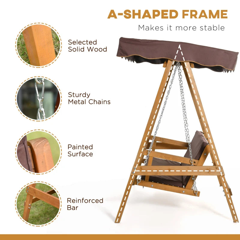 Brown 3-Seater Outdoor Swing Chair with Adjustable Canopy and Padded Cushions