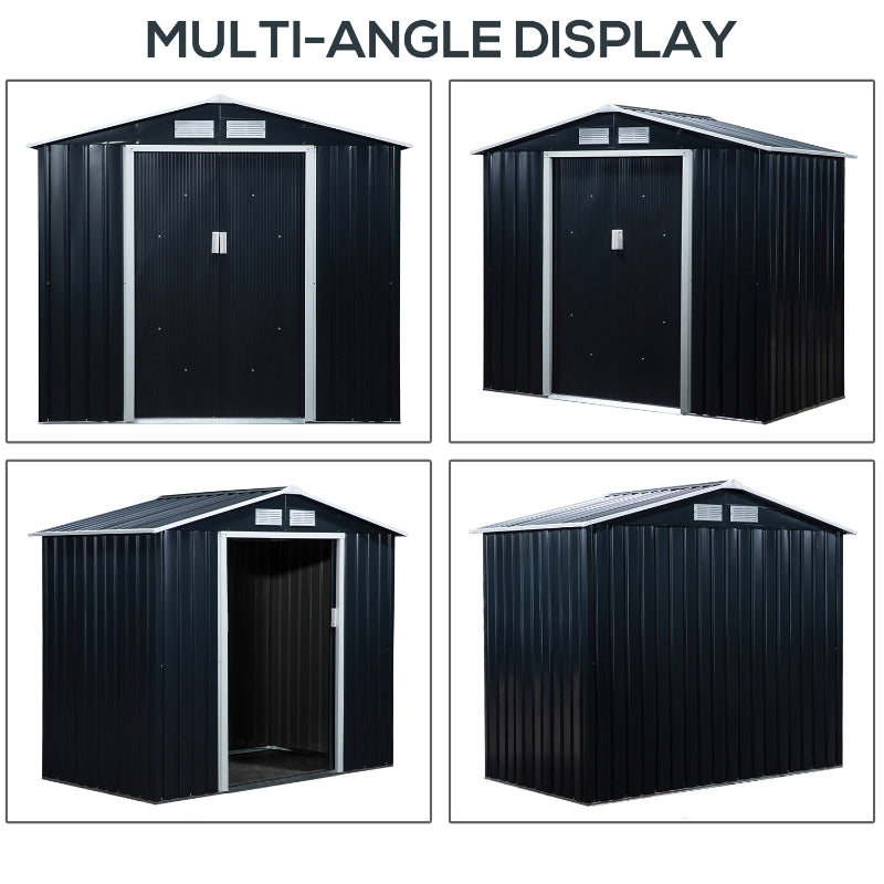 Black 7ft x 4ft Metal Shed With Ventilation Slots, Foundation Kit and Lockable Double Doors