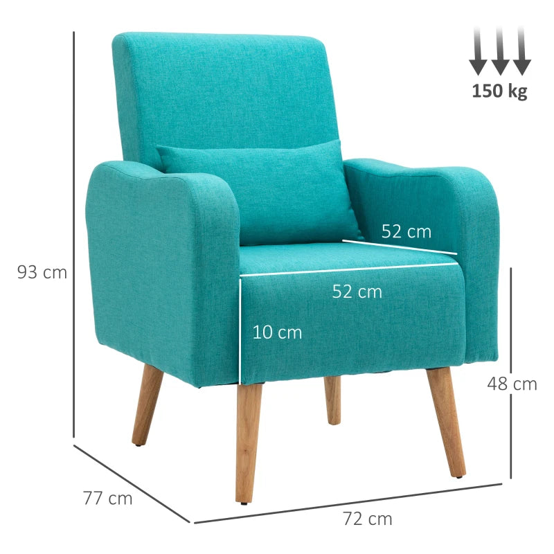 Linen-Touch Accent Chair with Pillow - Upholstered Lounge Sofa for Living Room, Club Chair in Teal