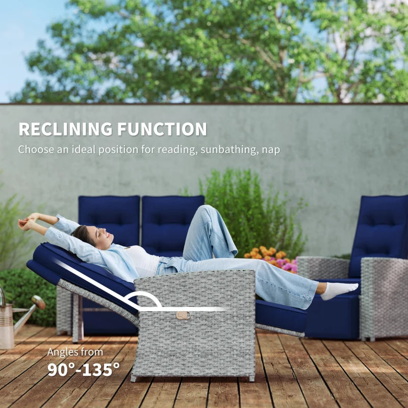 4 Piece Navy Blue Rattan Garden Furniture Set - Outdoor Sofa Sectional with Glass Top Table for Poolside