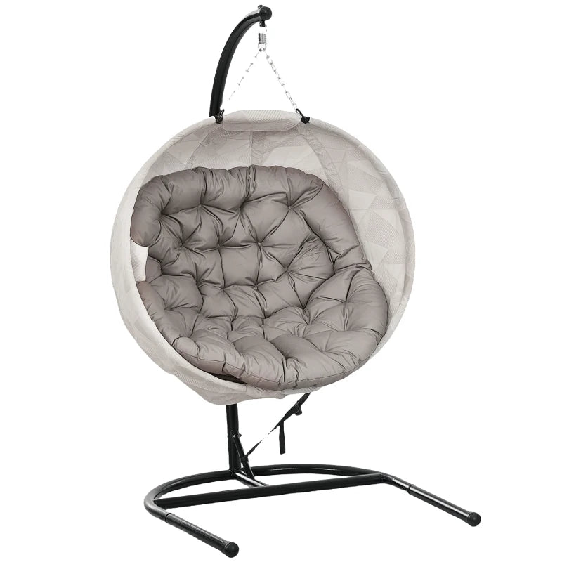 Hanging Egg Chair - Outdoor Indoor Garden Swing Chair with Folding Basket, Thickened Cushion, Cup Holder - Sand Brown - Perfect for Patio and Balcony