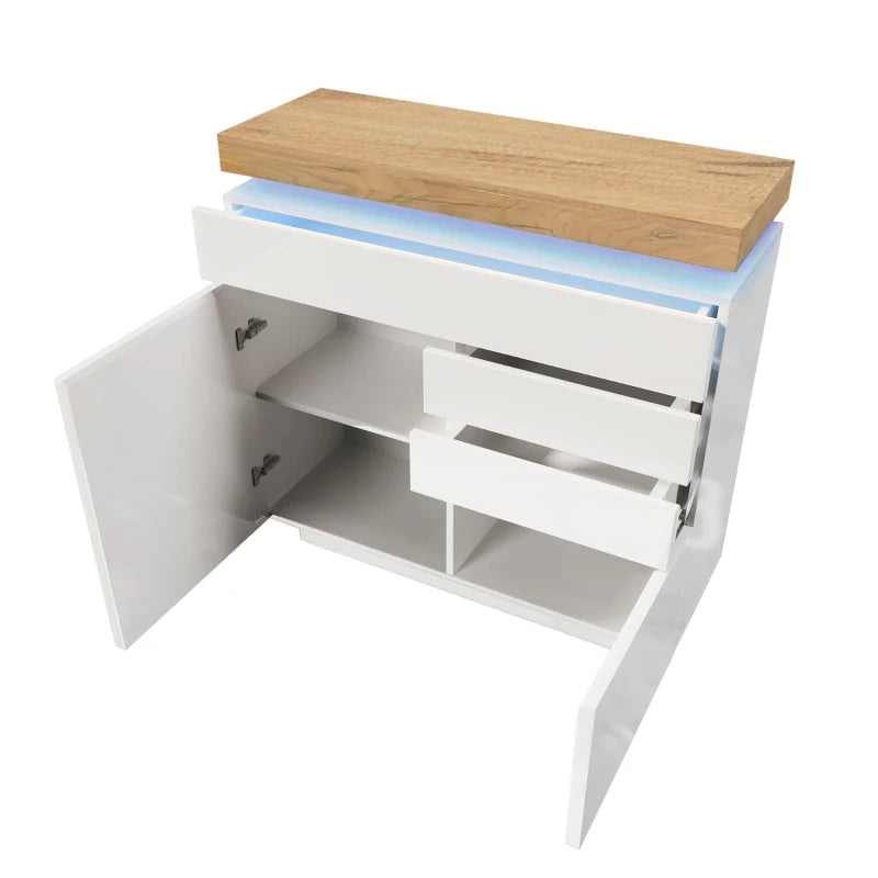 High-Gloss White Chest of Drawers with LED Lighting - 2 Doors & 3 Drawers Sideboard Cabinet, 110x39x115 cm