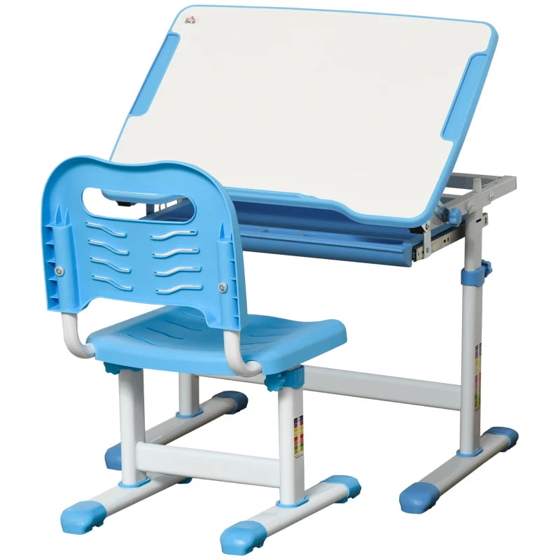 Kids Height Adjustable Desk and Chair Set - Blue, Tiltable Study Table with Drawer, Pen Slot & Hook for Students