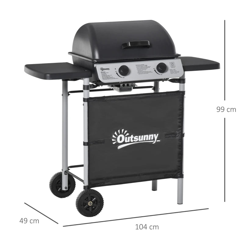 2 Burner Gas BBQ Trolley Grill - 5.6 kW Portable Barbecue with Lid, Wheels & Side Shelves - Grey