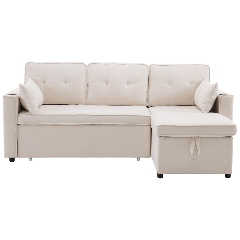 Versatile L-Shaped Sofa Bed with Reversible Chaise, Storage, Cup Holders and Cushions in Beige