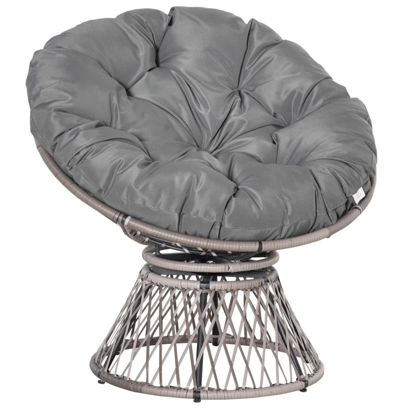 Grey Swivel Rattan Moon Bowl Chair with Padded Cushion