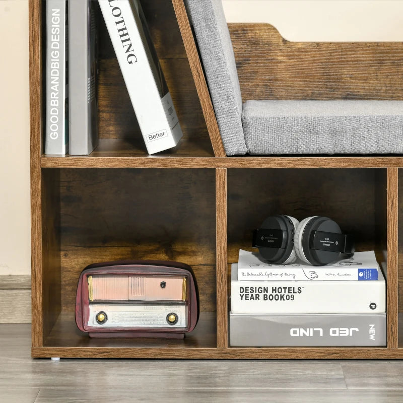 Rustic Brown Bookcase Storage Shelf with Cushioned Reading Seat - Cube Bookshelf Organizer for Bedroom & Living Room