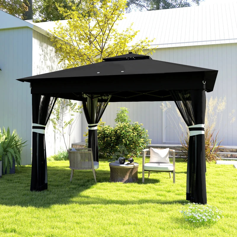 3m x 3m Black Pop Up Gazebo Party Tent with Solar-Powered LED Lights and Adjustable Netting