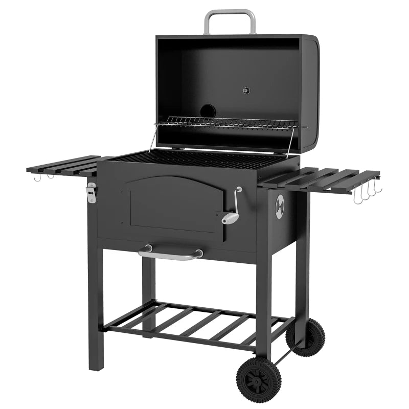 Charcoal BBQ Grill Smoker with Shelves, Thermometer, Opener & Wheels - Black