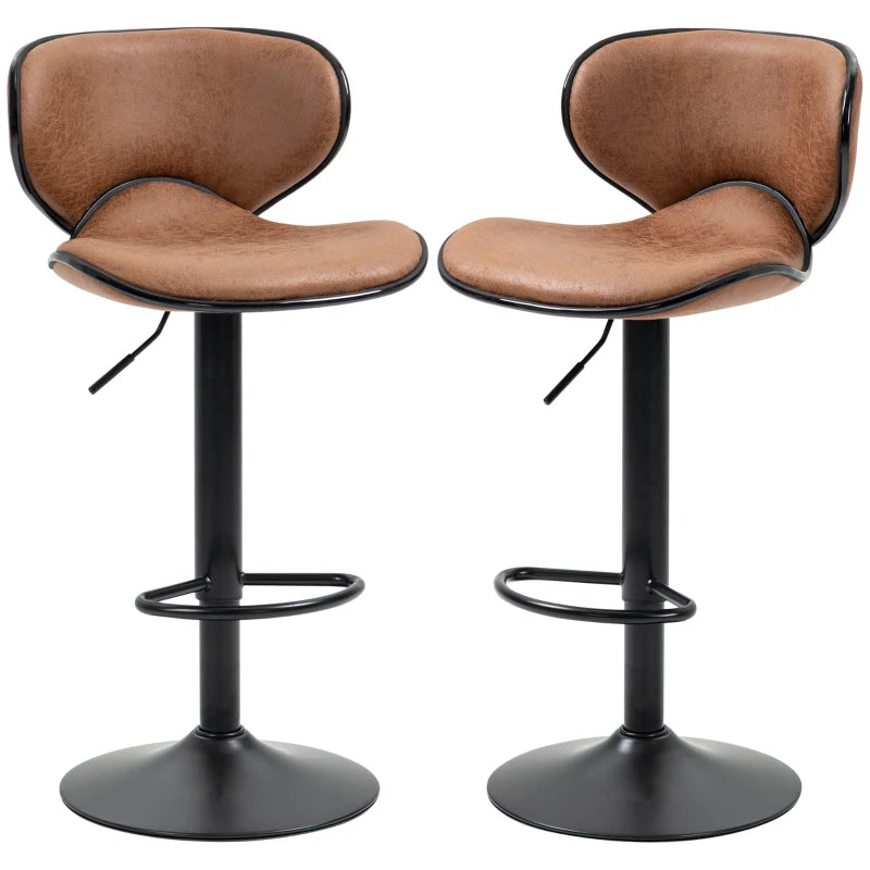 Adjustable Height Bar Stool Set of 2 - Brown Microfiber Swivel Armless Chairs for Kitchen & Dining