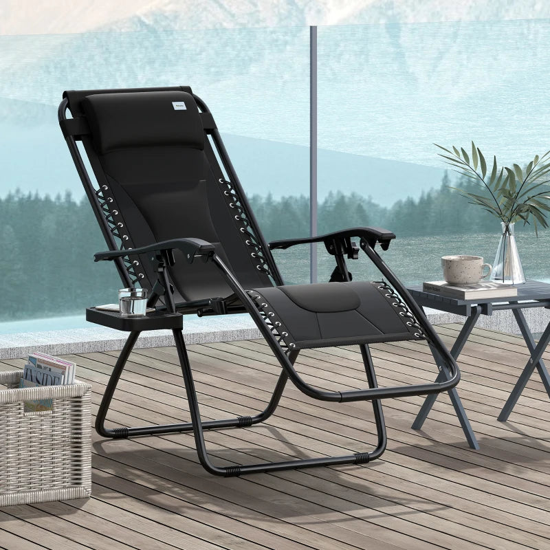Zero Gravity Lounger Chair - Folding Reclining Patio Chair with Padded Seat, Cup Holder, Soft Cushion and Headrest - Black, Ideal for Poolside and Camping